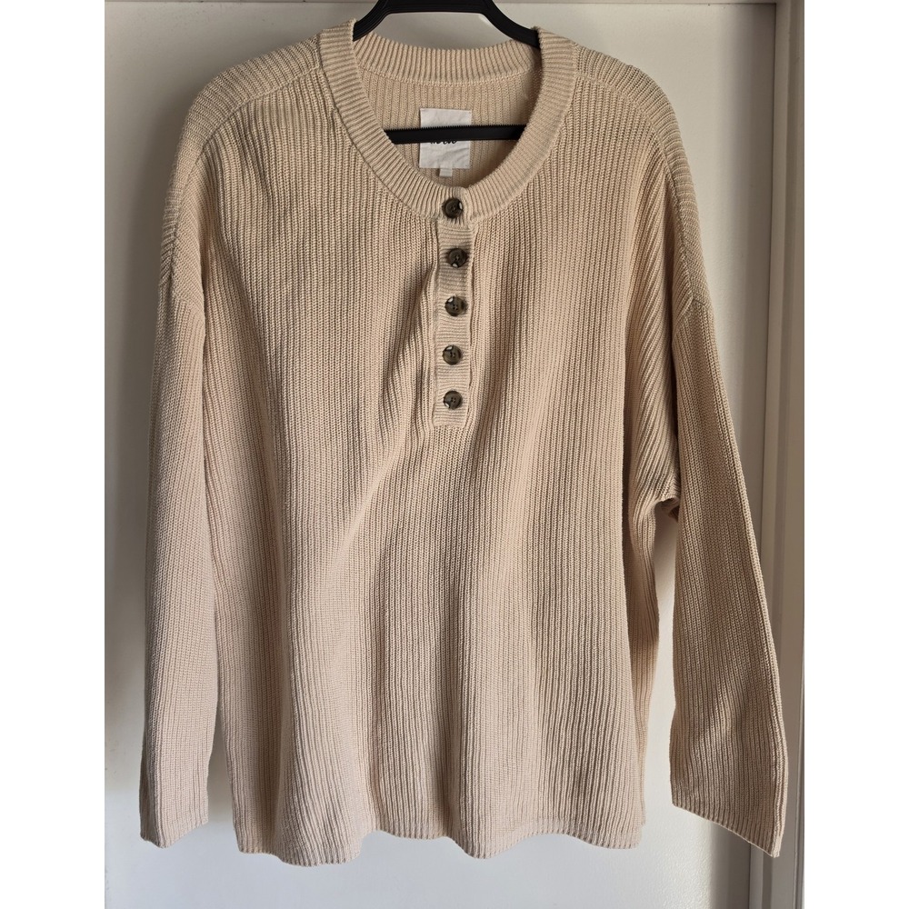 Aerie Women's Collared Pullover Sweater Size L Beige Solid Long Sleeve Knit Top
